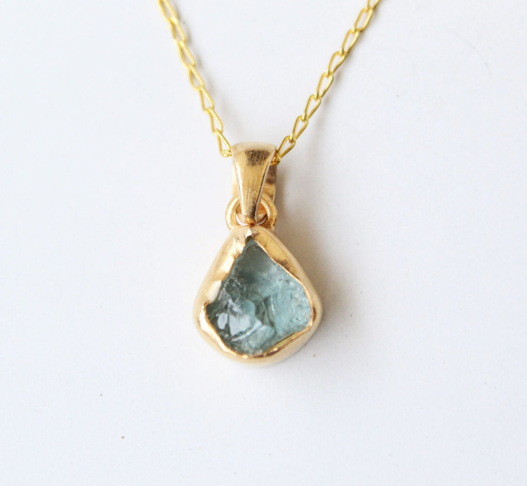 Raw Aquamarine Necklace: Sterling Silver Crystal Pendant