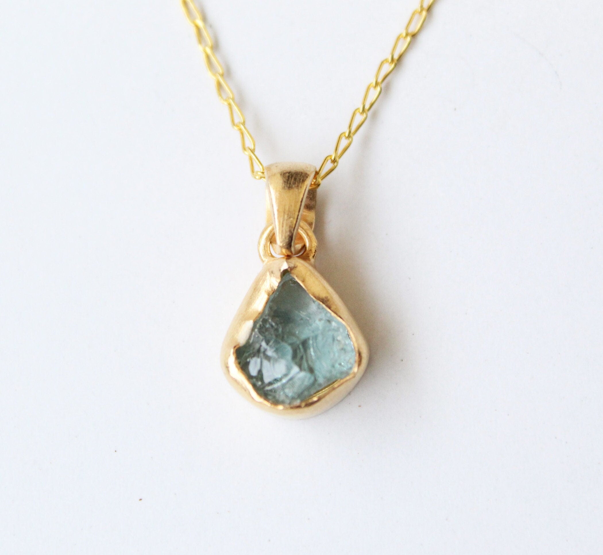 Raw Aquamarine Necklace: Sterling Silver Crystal Pendant