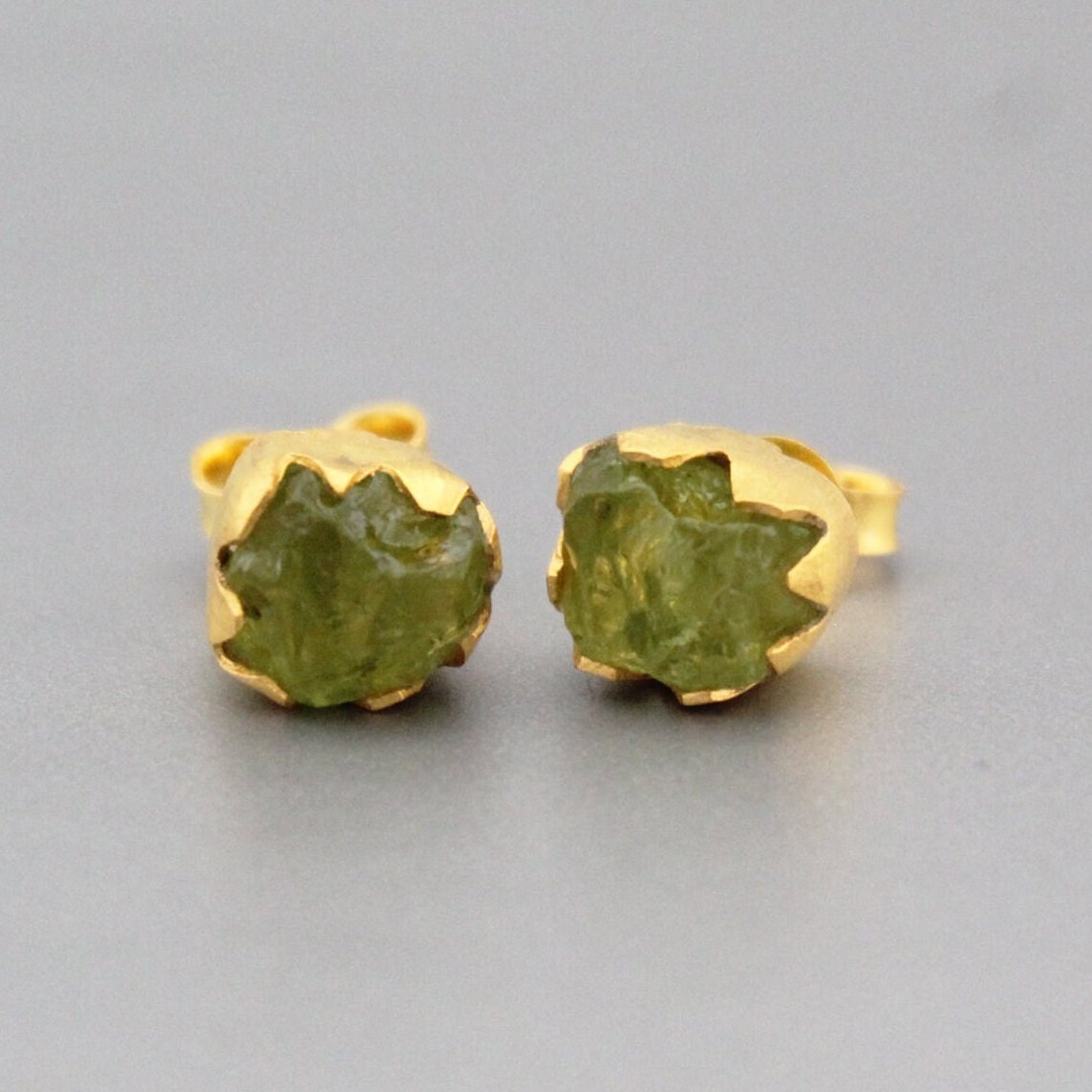 Raw Peridot Stud Earrings, Gold Plated Sterling Silver, August Birthstone, gemstone jewelry, natural gemstone, post earring, stud earrings