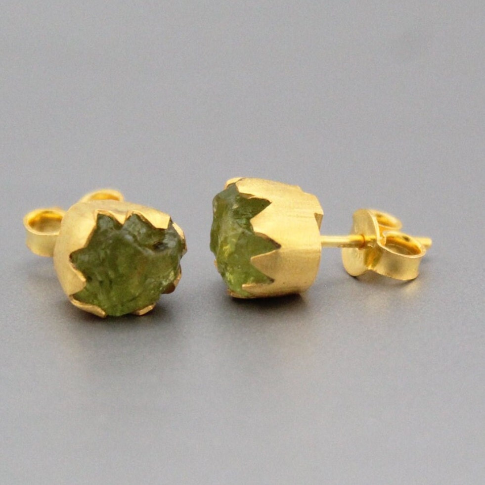 Raw Peridot Stud Earrings, Gold Plated Sterling Silver, August Birthstone, gemstone jewelry, natural gemstone, post earring, stud earrings