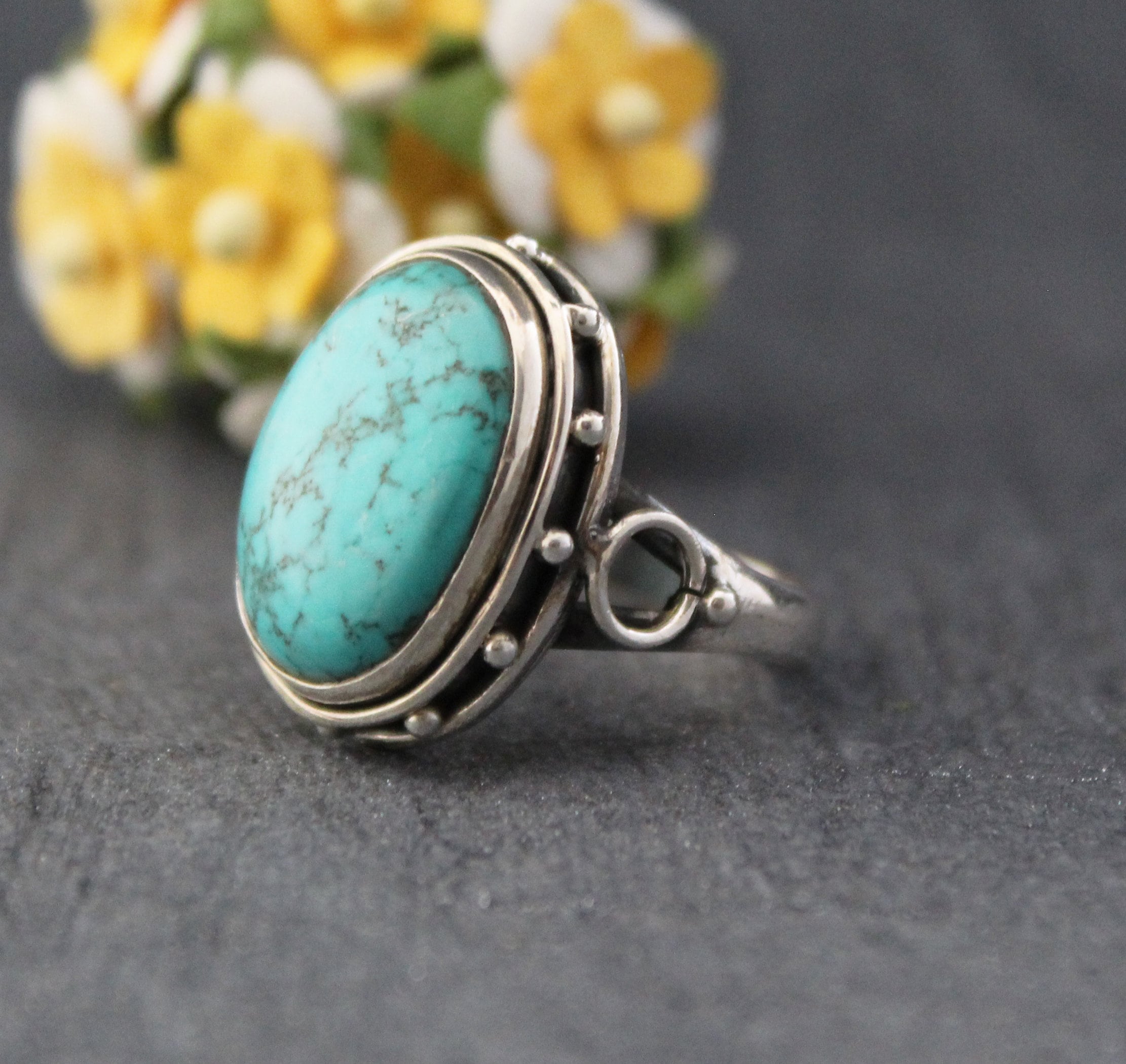 Turquoise Silver Ring, 925 Sterling Silver, Oval Turquoise Statement Ring, Handmade Boho Gemstone Ring, December Birthstone, Gift for Mom