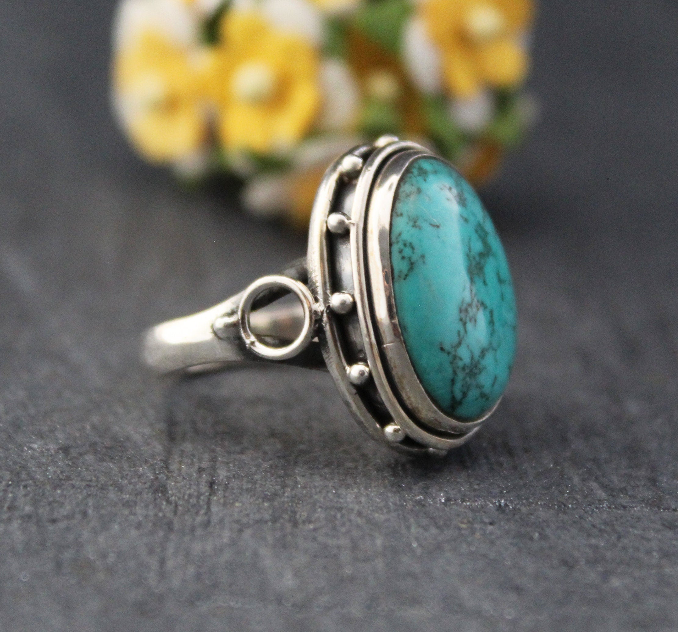 Turquoise Silver Ring, 925 Sterling Silver, Oval Turquoise Statement Ring, Handmade Boho Gemstone Ring, December Birthstone, Gift for Mom