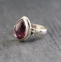Natural Garnet Sterling Silver Ring, January Birthstone, Handmade Jewelry, Teardrop Gemstone, Vintage Gift for Her, Unique Silver Ring