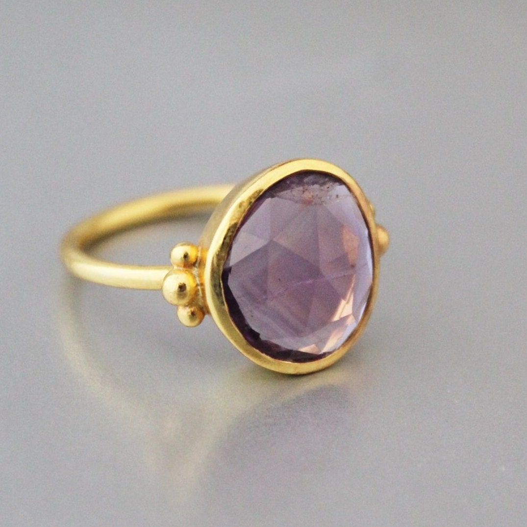 Amethyst Ring, February Birthstone, Dainty Sterling Silver Gold Ring, Unique Purple Amethyst Ring, Nature Inspired Ring