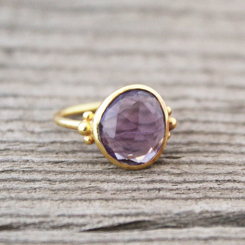 Amethyst Ring, February Birthstone, Dainty Sterling Silver Gold Ring, Unique Purple Amethyst Ring, Nature Inspired Ring