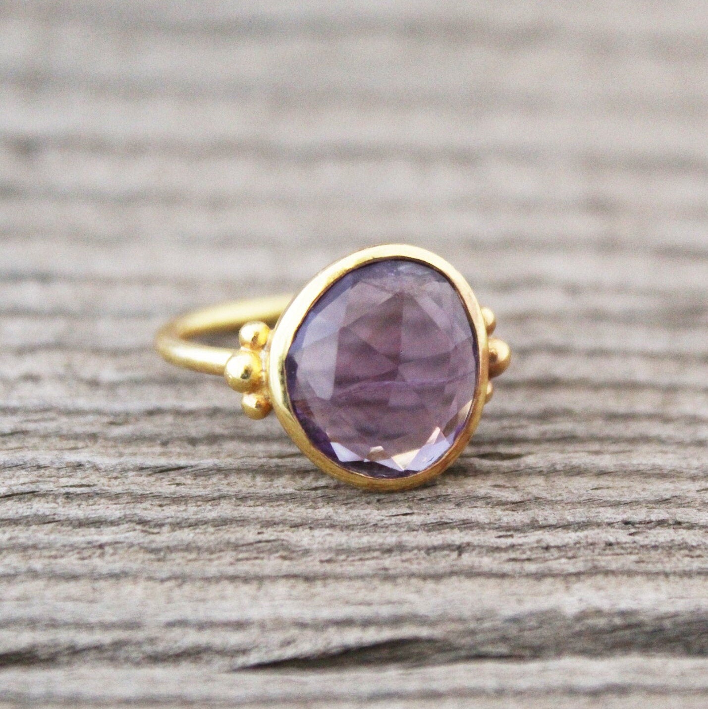 Amethyst Ring, February Birthstone, Dainty Sterling Silver Gold Ring, Unique Purple Amethyst Ring, Nature Inspired Ring