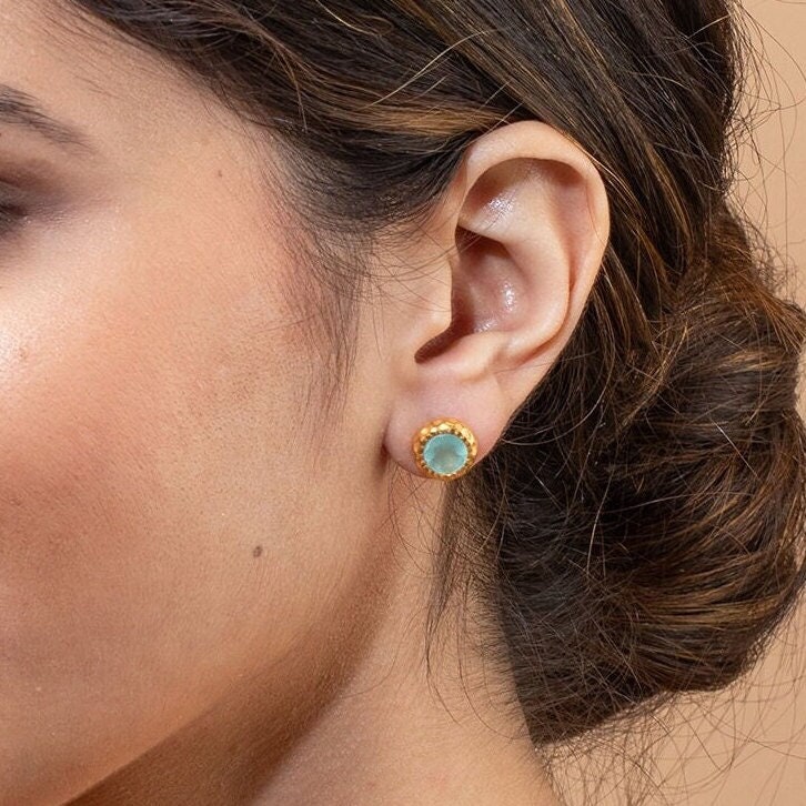 Chalcedony Studs, 18K Gold Studs, Gemstone Stud Earring, March Birthstone Jewellery, Dainty Studs, small stud earrings