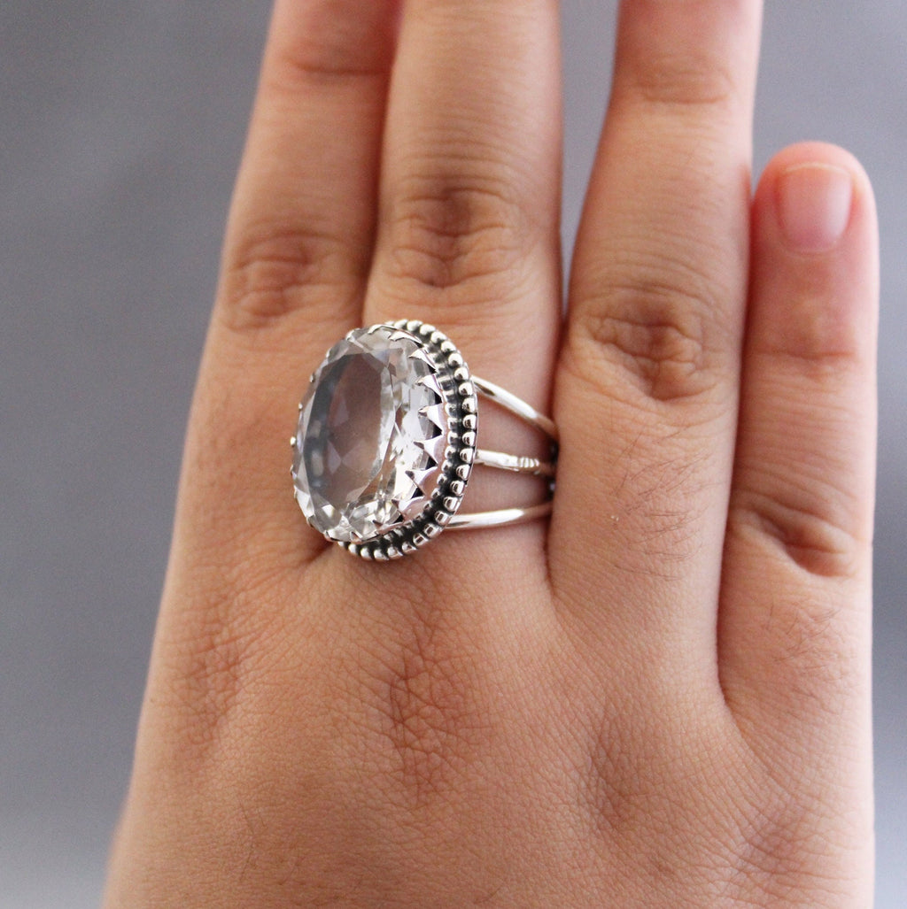 Natural Crystal Ring, Clear Quartz Ring, Dainty silver Ring, Large Statement Ring, Gemstone, Handmade, Organic, Antique Victorian Jewelry