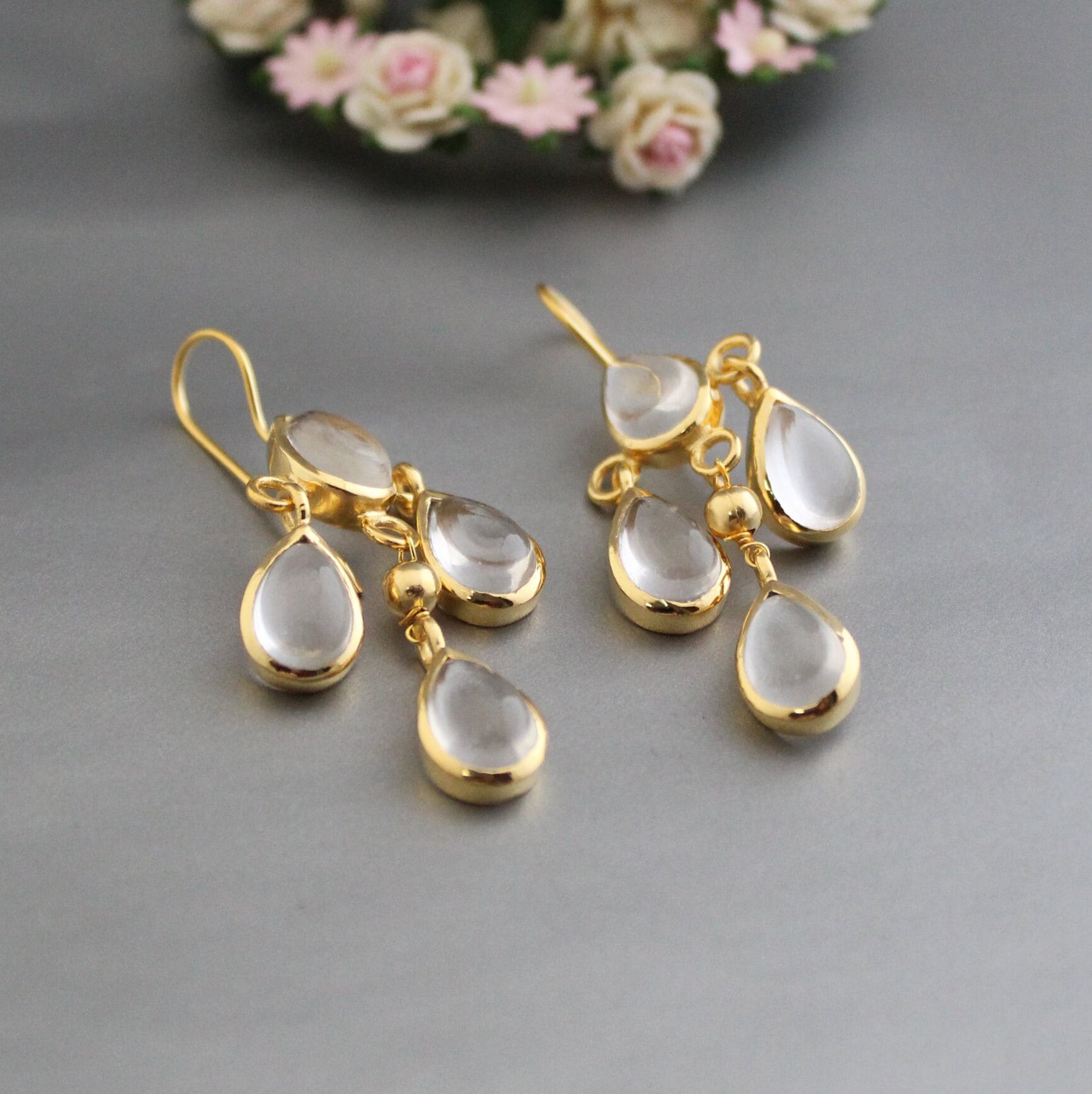 18K Gold Clear Quartz Earrings, Long Dangle, April Birthstone, Clear Rock Crystal Drop Earrings in Gold or Silver, Delicate Gift for her