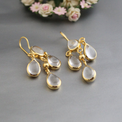 18K Gold Clear Quartz Earrings, Long Dangle, April Birthstone, Clear Rock Crystal Drop Earrings in Gold or Silver, Delicate Gift for her