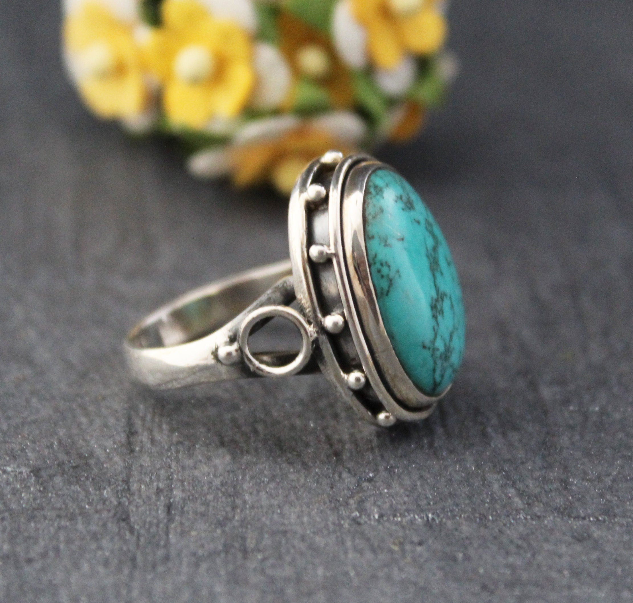 Turquoise Silver Ring, 925 Sterling Silver, Oval Turquoise Statement Ring, Handmade Boho Gemstone Ring, December Birthstone, Gift for Mom