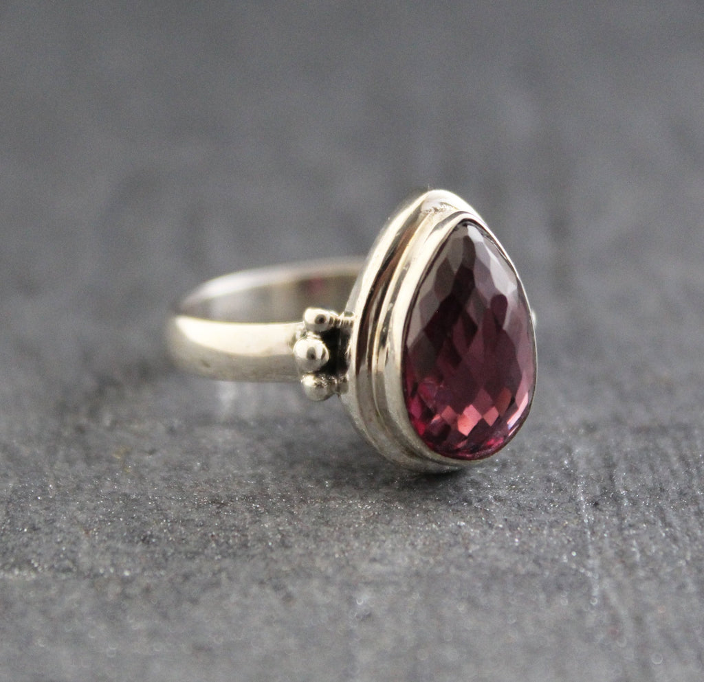 Natural Garnet Sterling Silver Ring, January Birthstone, Handmade Jewelry, Teardrop Gemstone, Vintage Gift for Her, Unique Silver Ring