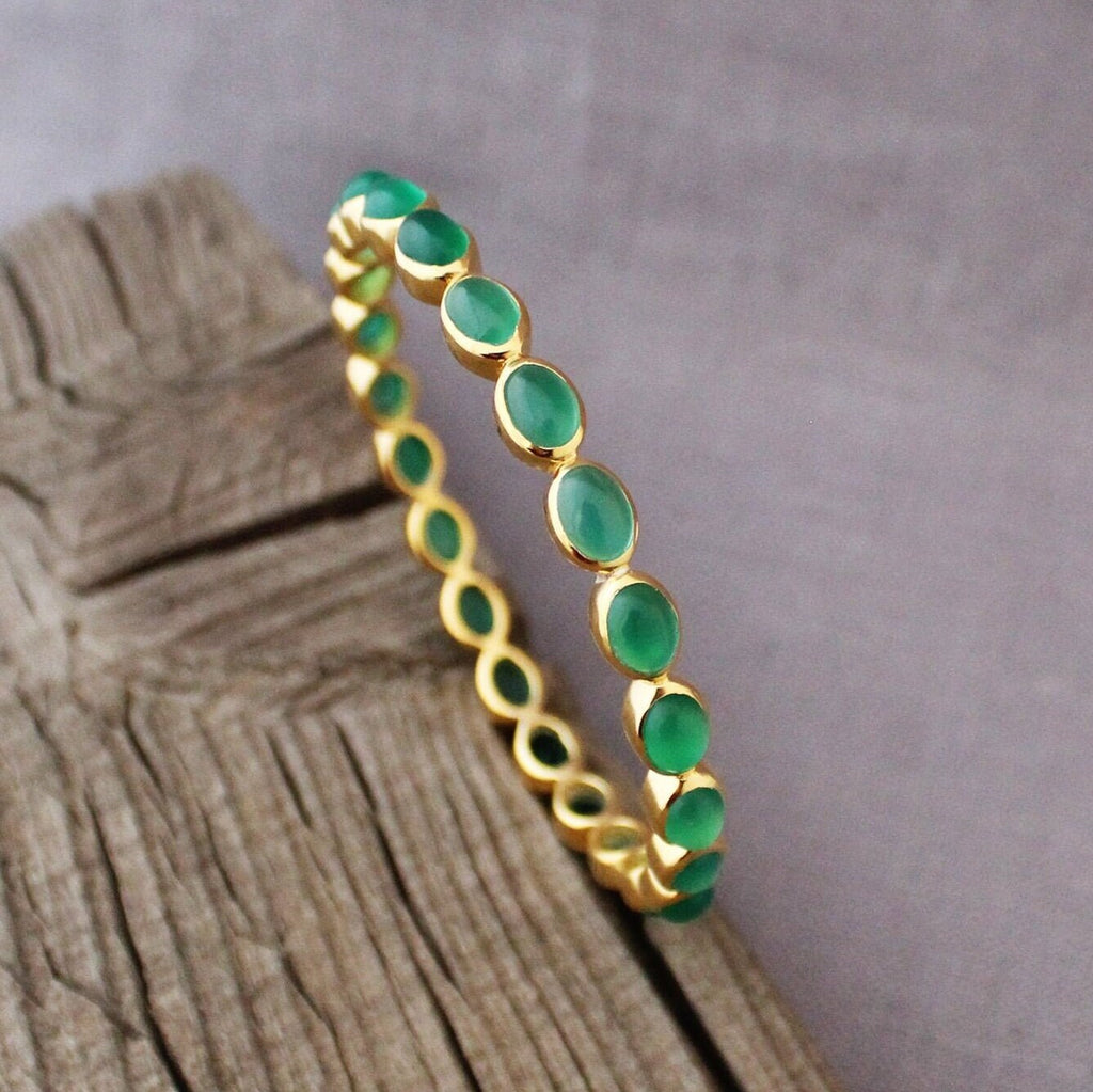 Handmade Green Onyx Bangle: 18K Gold Plated Birthstone Bracelet