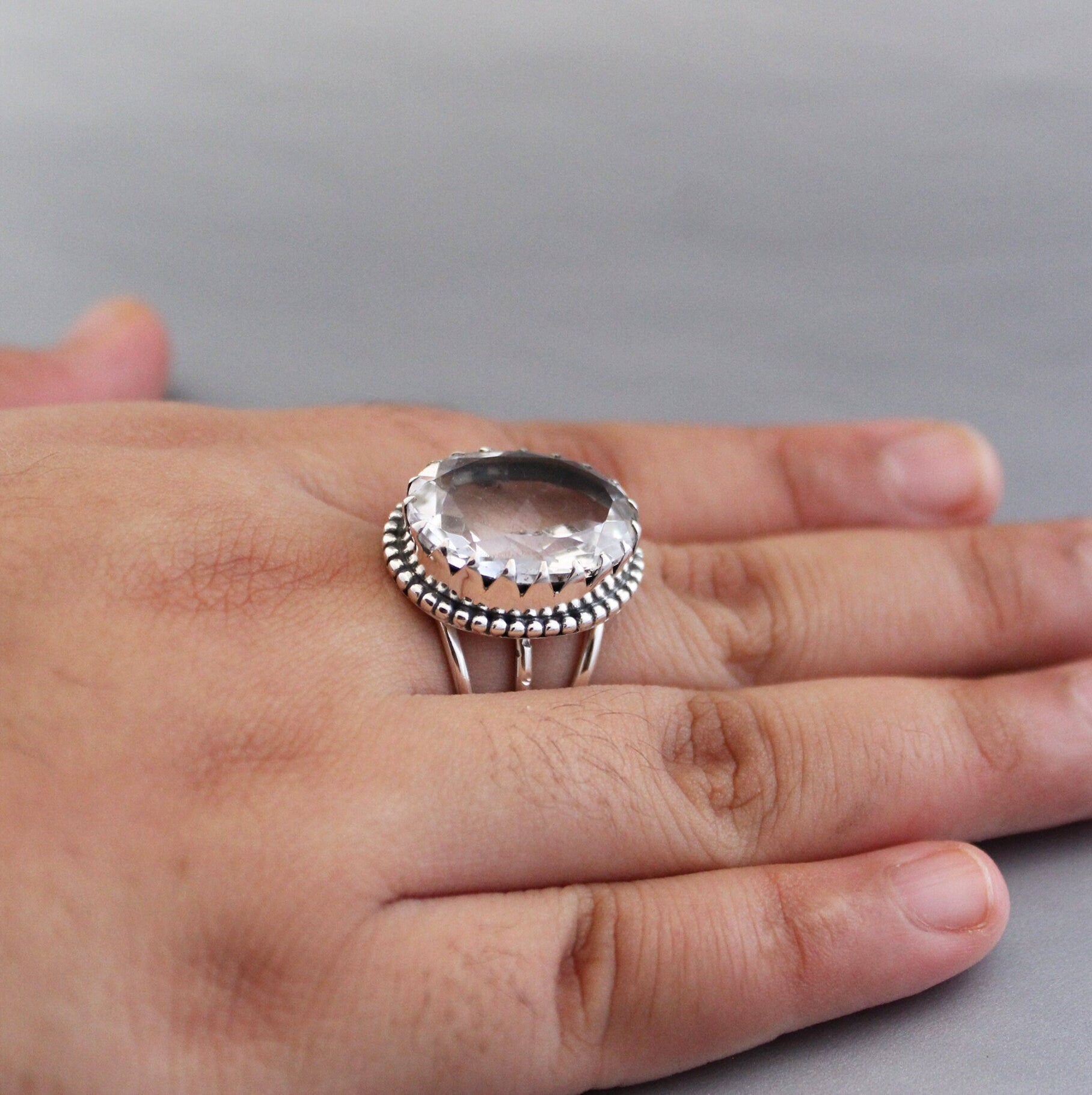Natural Crystal Ring, Clear Quartz Ring, Dainty silver Ring, Large Statement Ring, Gemstone, Handmade, Organic, Antique Victorian Jewelry