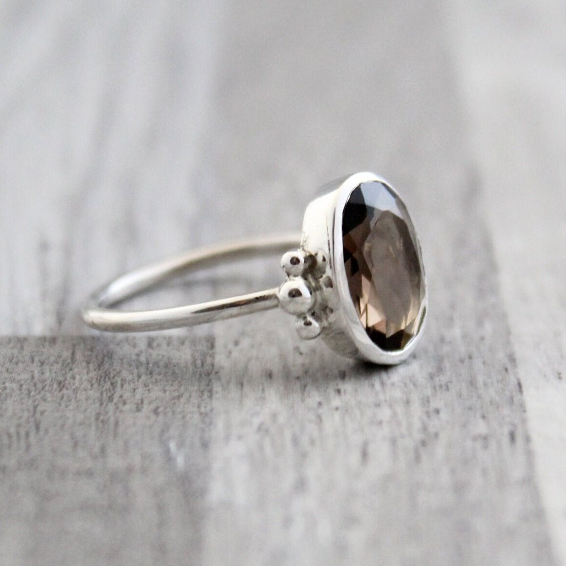 Handmade Sterling Silver Smoky Quartz Ring: Oval Rose Cut