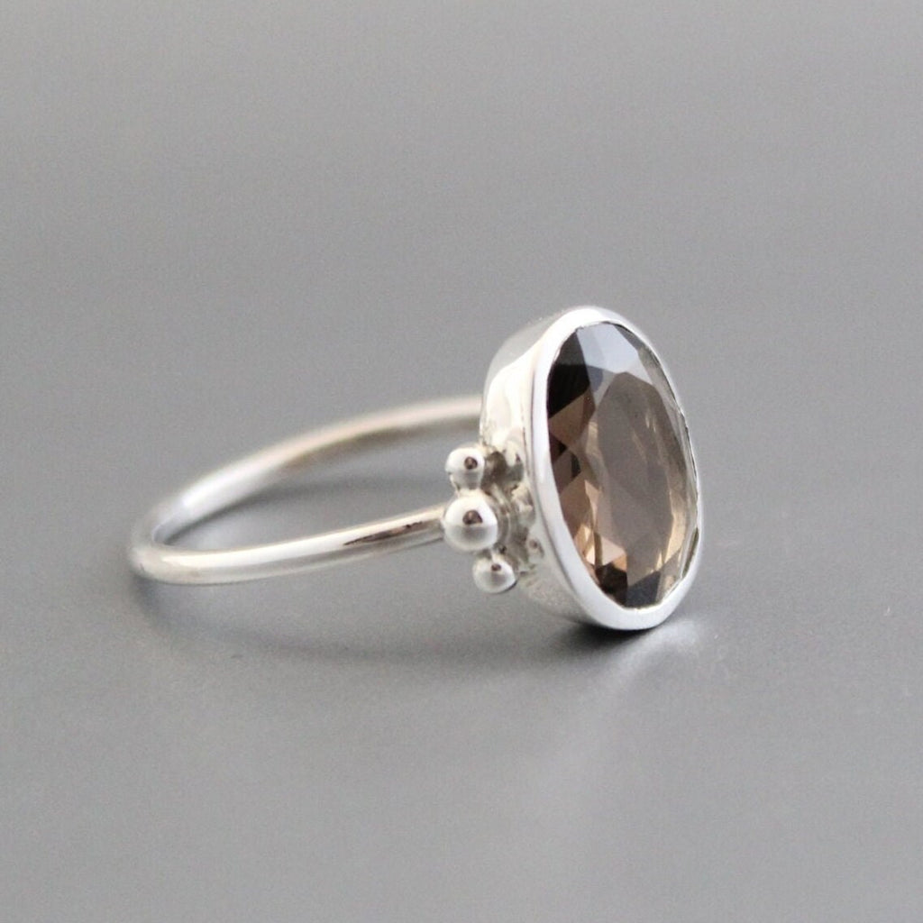 Handmade Sterling Silver Smoky Quartz Ring: Oval Rose Cut