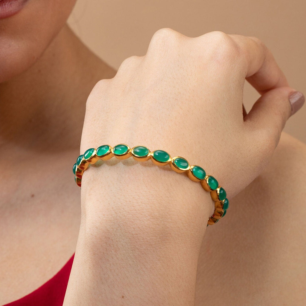 Handmade Green Onyx Bangle: 18K Gold Plated Birthstone Bracelet