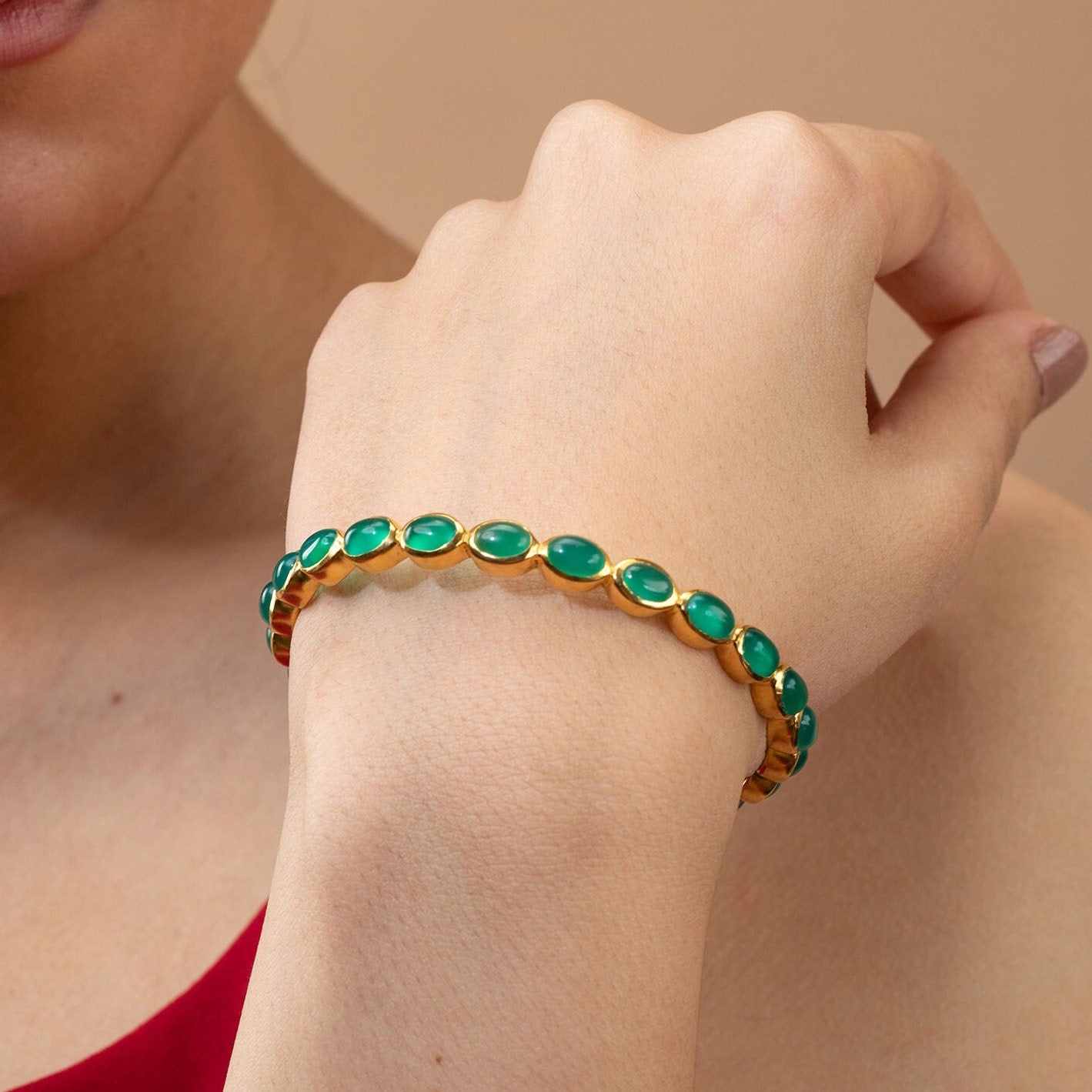 Handmade Green Onyx Bangle: 18K Gold Plated Birthstone Bracelet