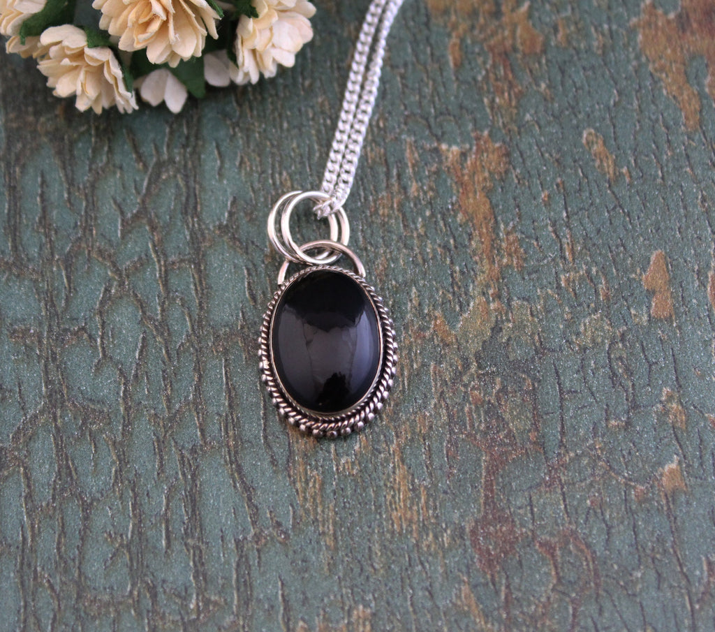 Oval Black Onyx Sterling Silver Necklace, Boho Jewelry, Layering, Crystal Necklace, Black Gemstone Necklace
