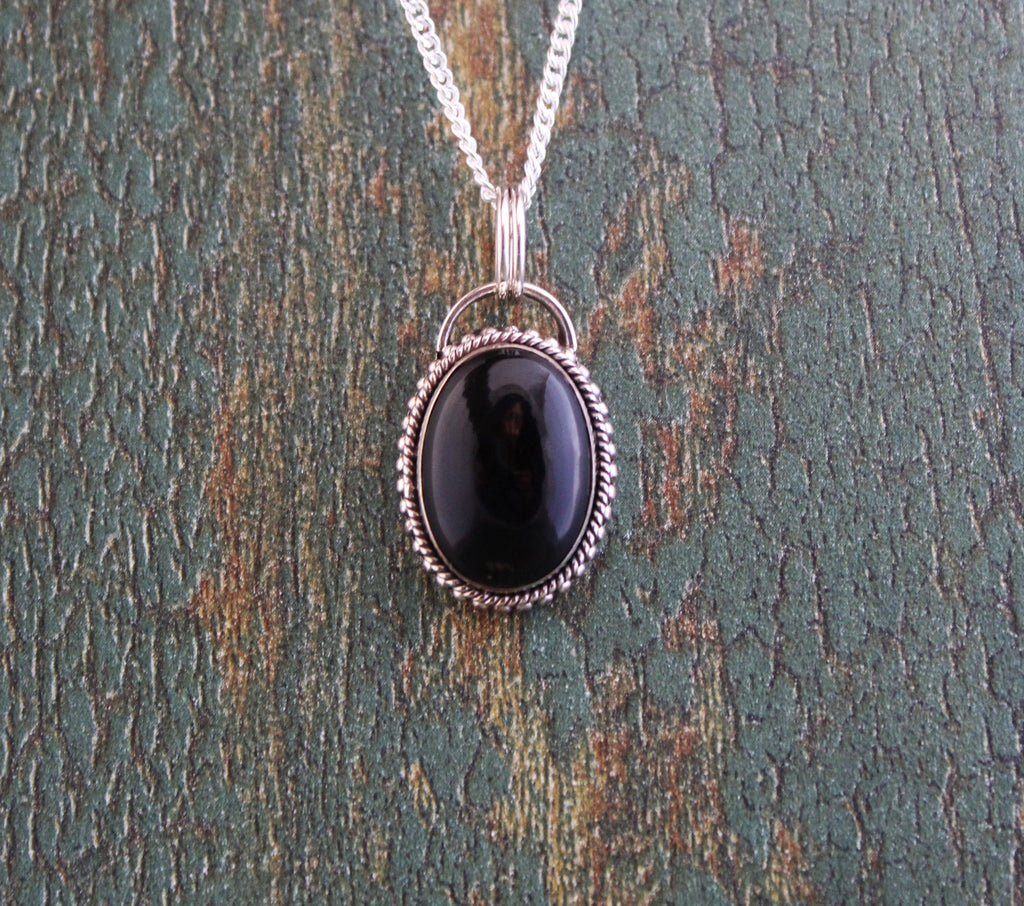 Oval Black Onyx Sterling Silver Necklace, Boho Jewelry, Layering, Crystal Necklace, Black Gemstone Necklace