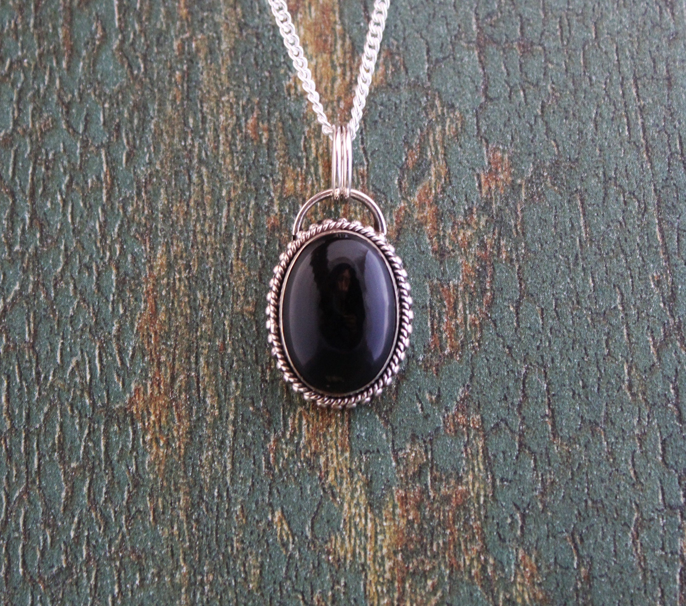 Oval Black Onyx Sterling Silver Necklace, Boho Jewelry, Layering, Crystal Necklace, Black Gemstone Necklace