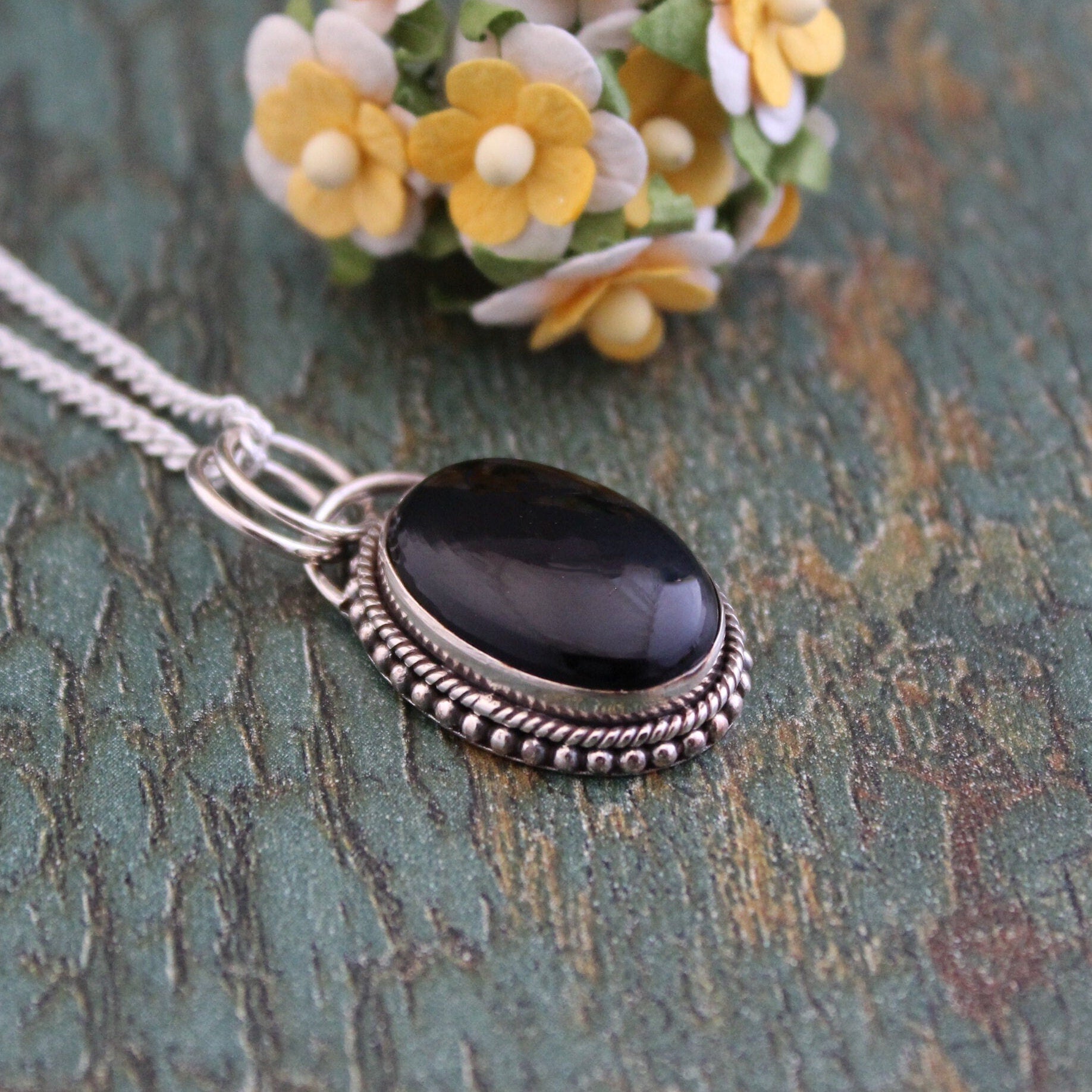 Oval Black Onyx Sterling Silver Necklace, Boho Jewelry, Layering, Crystal Necklace, Black Gemstone Necklace