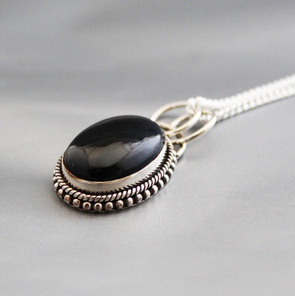 Oval Black Onyx Sterling Silver Necklace, Boho Jewelry, Layering, Crystal Necklace, Black Gemstone Necklace