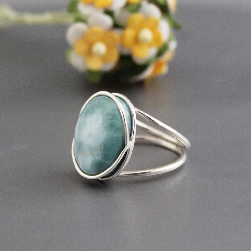 Handmade Oval Larimar Ring, Sterling Silver Gemstone, March Birthstone,