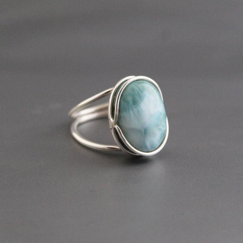 Handmade Oval Larimar Ring, Sterling Silver Gemstone, March Birthstone,