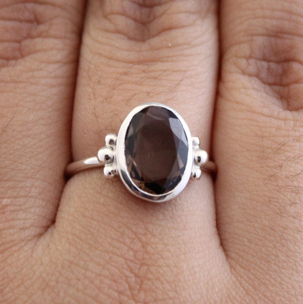 Handmade Sterling Silver Smoky Quartz Ring: Oval Rose Cut