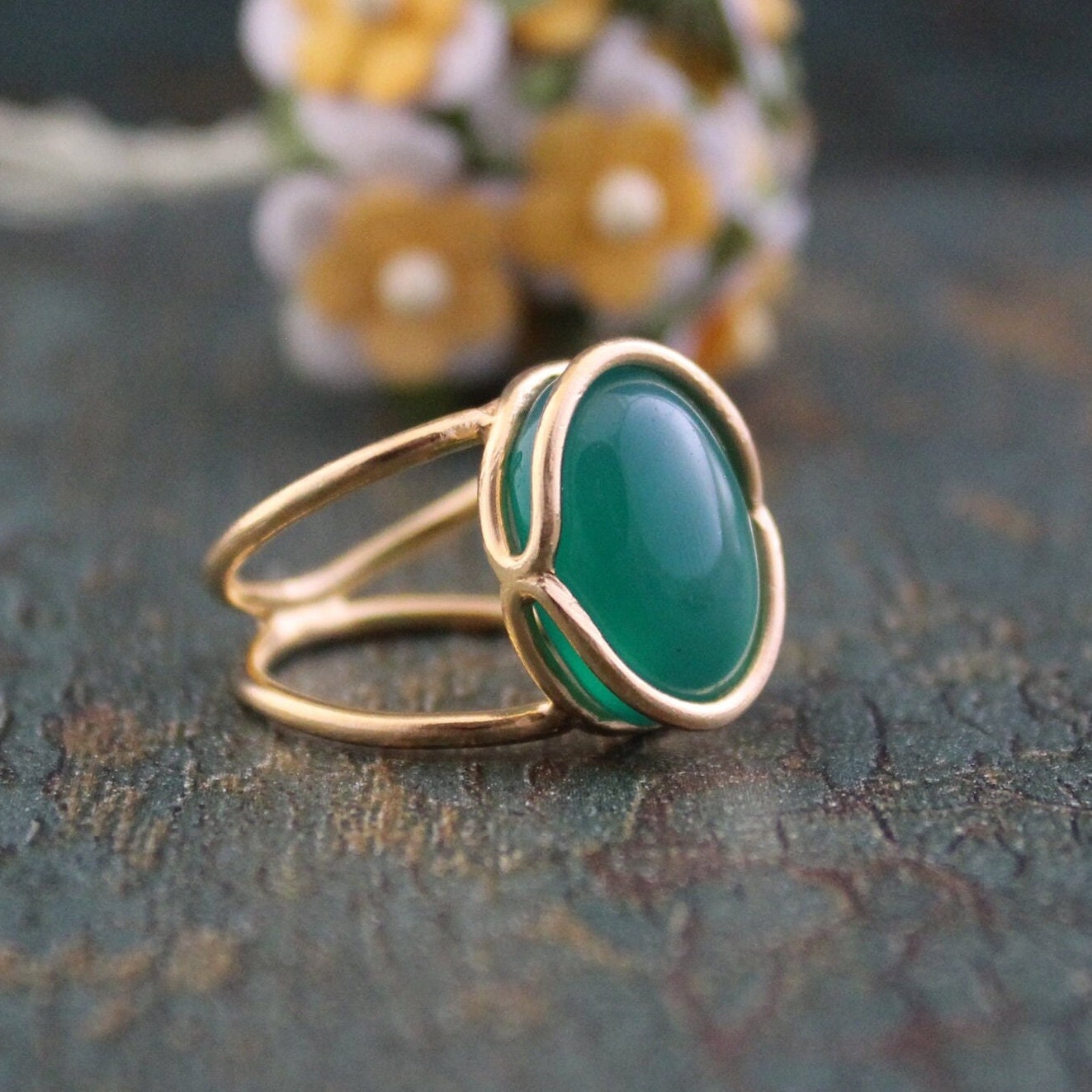 Green Onyx 18K Gold Ring, Vintage Onyx Stone Ring, Handmade Silver Onyx Ring, Retro Boho Jewelry Gift for Her, Gemstone Ring