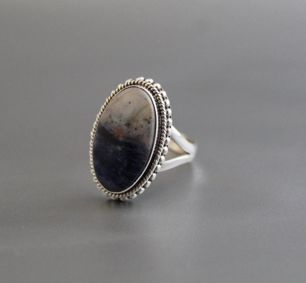 Blue Jasper Sterling Silver Ring, Handmade Bohemian Jewelry Oval Statement Jewelry, Birthstone Ring, Gift For Her, Christmas Gift