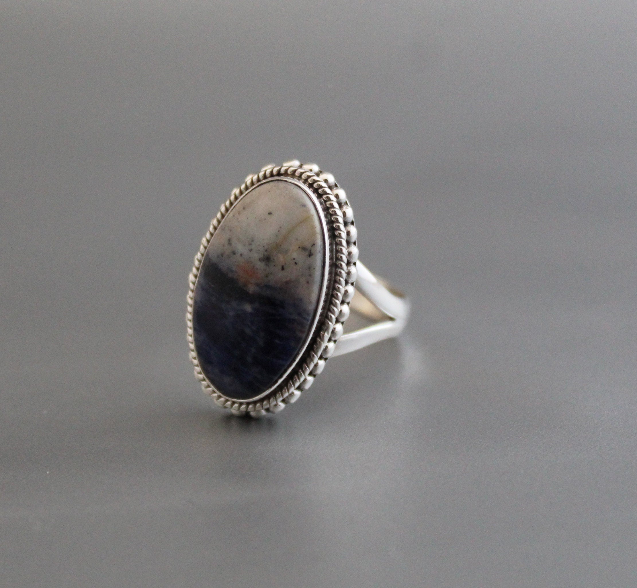 Blue Jasper Sterling Silver Ring, Handmade Bohemian Jewelry Oval Statement Jewelry, Birthstone Ring, Gift For Her, Christmas Gift