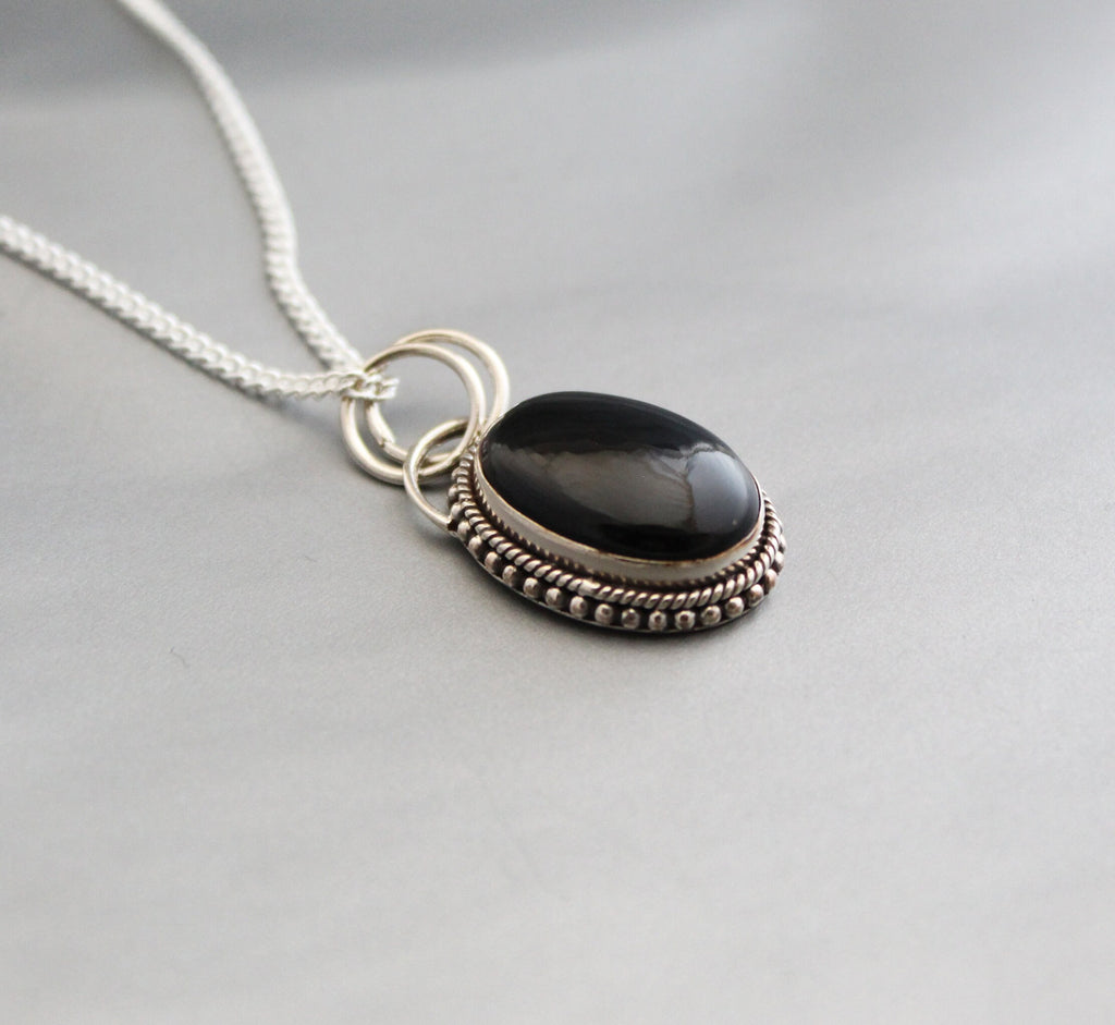 Oval Black Onyx Sterling Silver Necklace, Boho Jewelry, Layering, Crystal Necklace, Black Gemstone Necklace