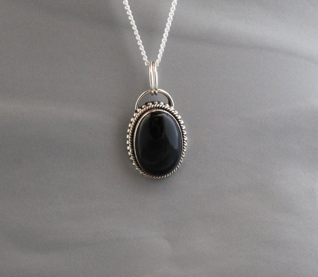 Oval Black Onyx Sterling Silver Necklace, Boho Jewelry, Layering, Crystal Necklace, Black Gemstone Necklace