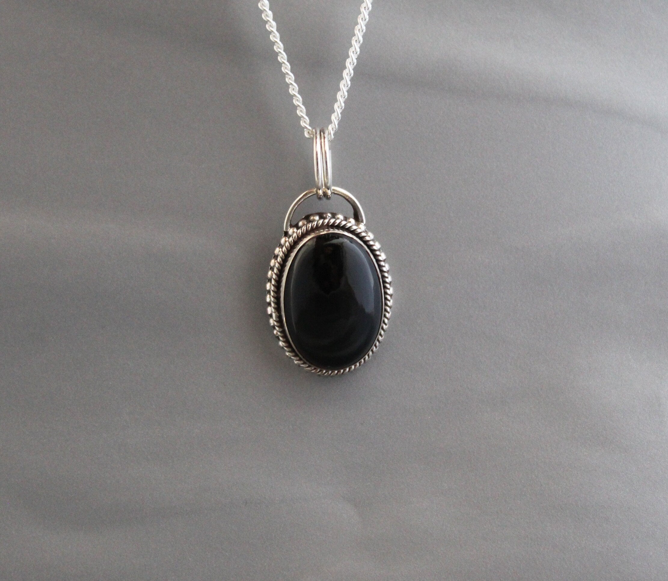 Oval Black Onyx Sterling Silver Necklace, Boho Jewelry, Layering, Crystal Necklace, Black Gemstone Necklace