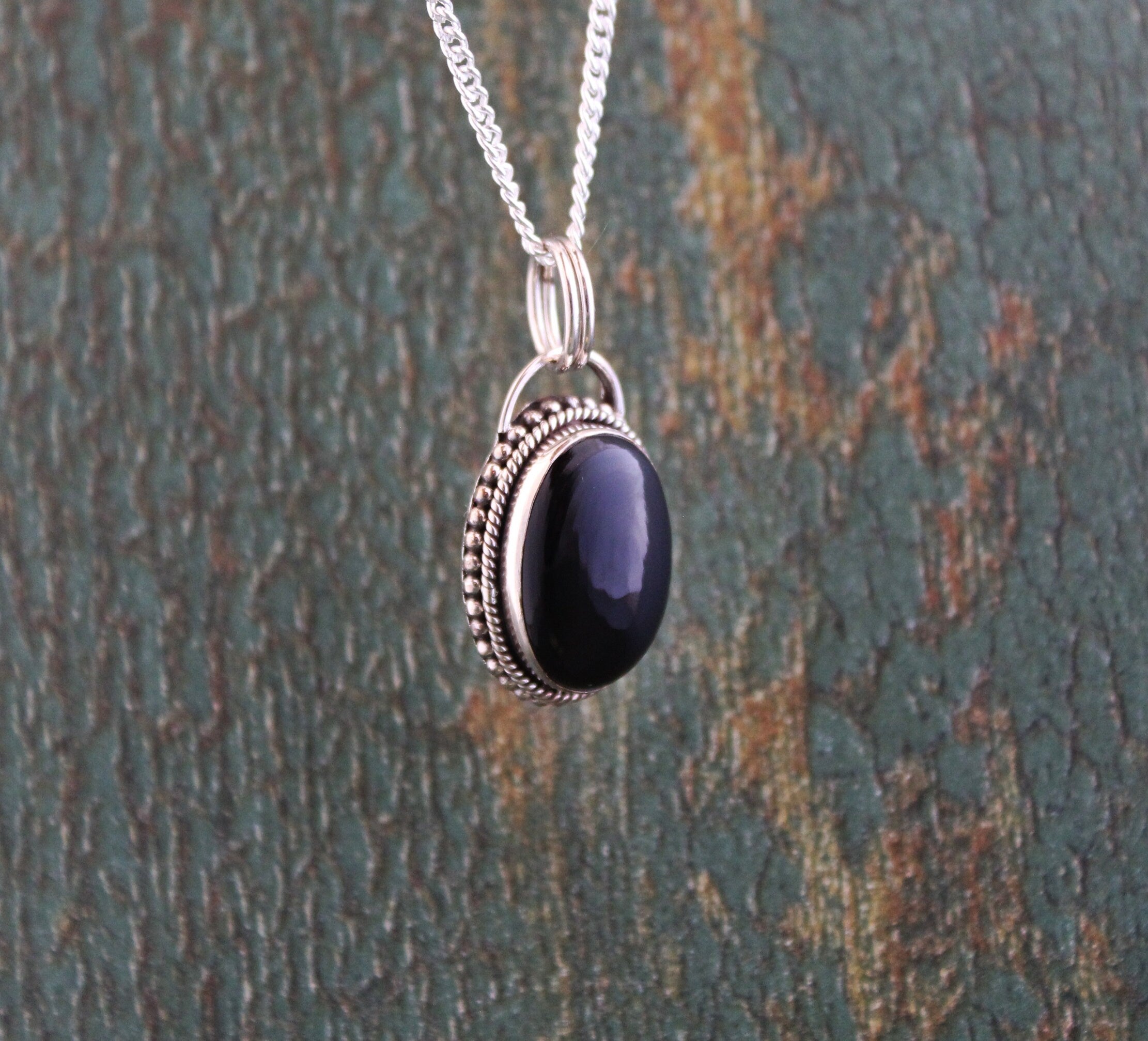 Oval Black Onyx Sterling Silver Necklace, Boho Jewelry, Layering, Crystal Necklace, Black Gemstone Necklace