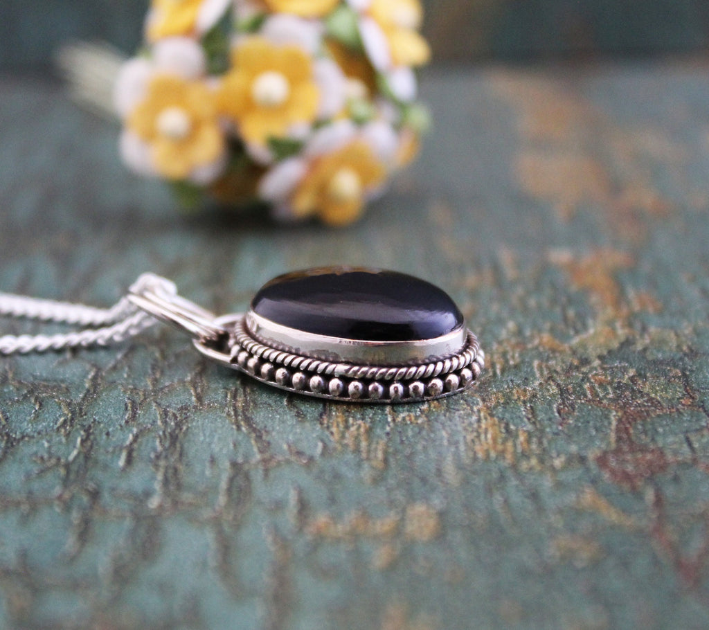 Oval Black Onyx Sterling Silver Necklace, Boho Jewelry, Layering, Crystal Necklace, Black Gemstone Necklace