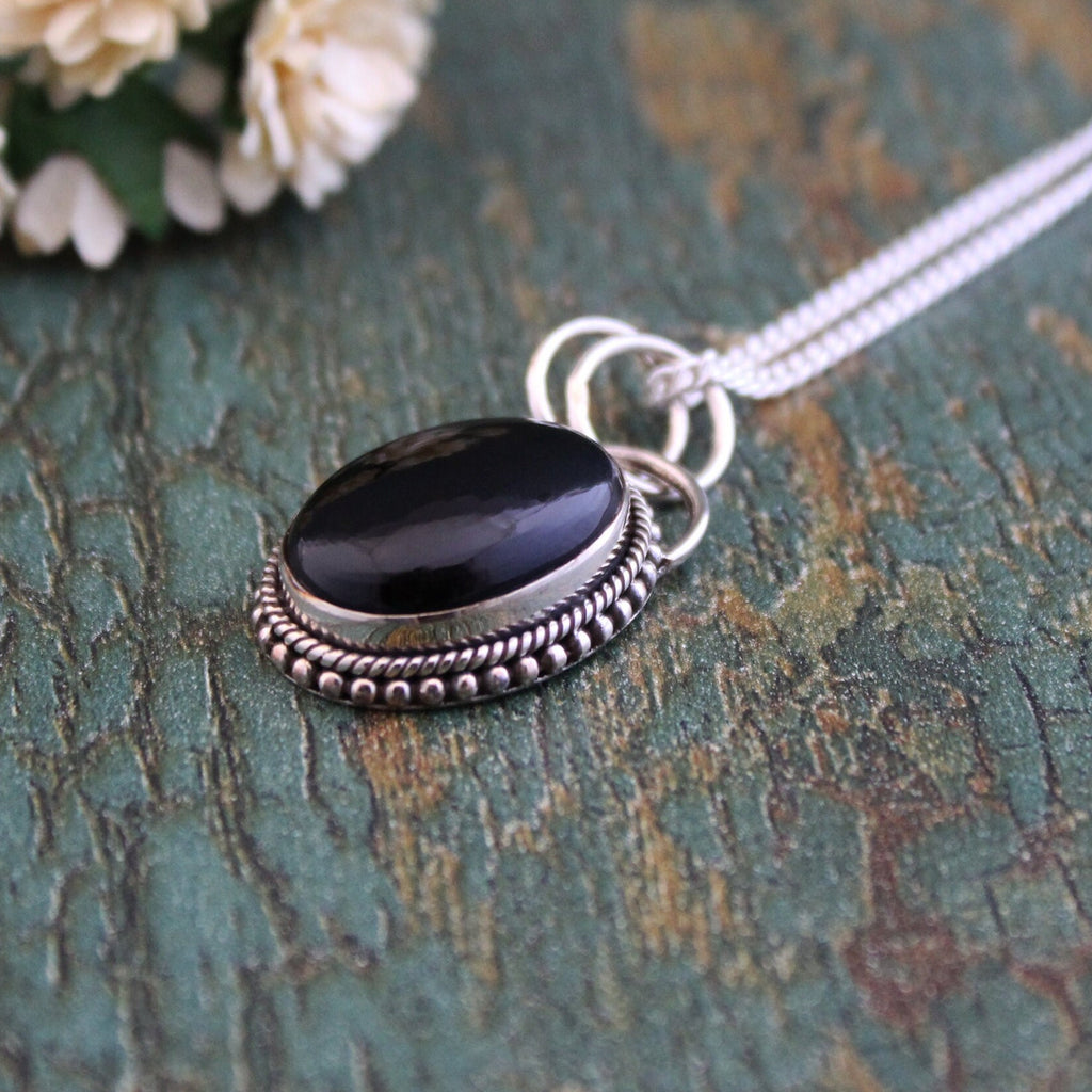 Oval Black Onyx Sterling Silver Necklace, Boho Jewelry, Layering, Crystal Necklace, Black Gemstone Necklace