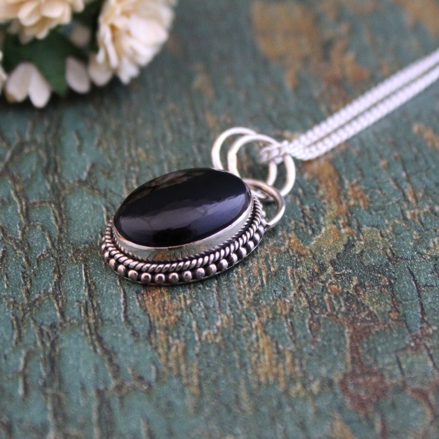 Oval Black Onyx Sterling Silver Necklace, Boho Jewelry, Layering, Crystal Necklace, Black Gemstone Necklace