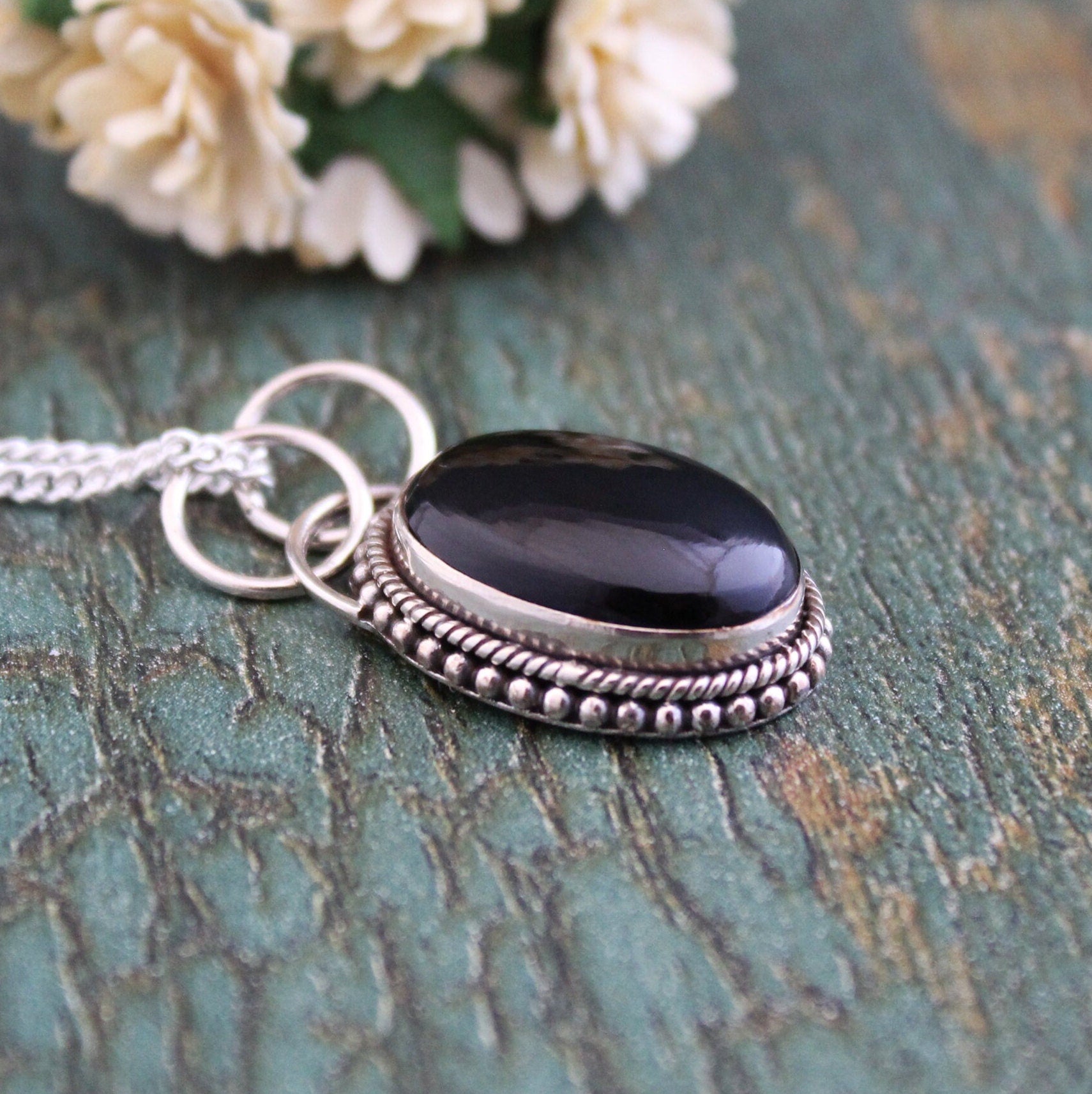 Oval Black Onyx Sterling Silver Necklace, Boho Jewelry, Layering, Crystal Necklace, Black Gemstone Necklace
