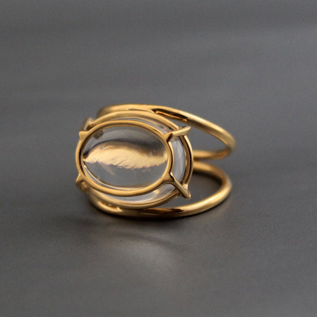 Clear Quartz Ring, Handmade 18K Gold Sterling Silver Designer Ring, Oval Gemstone, Handmade Quartz Jewelry