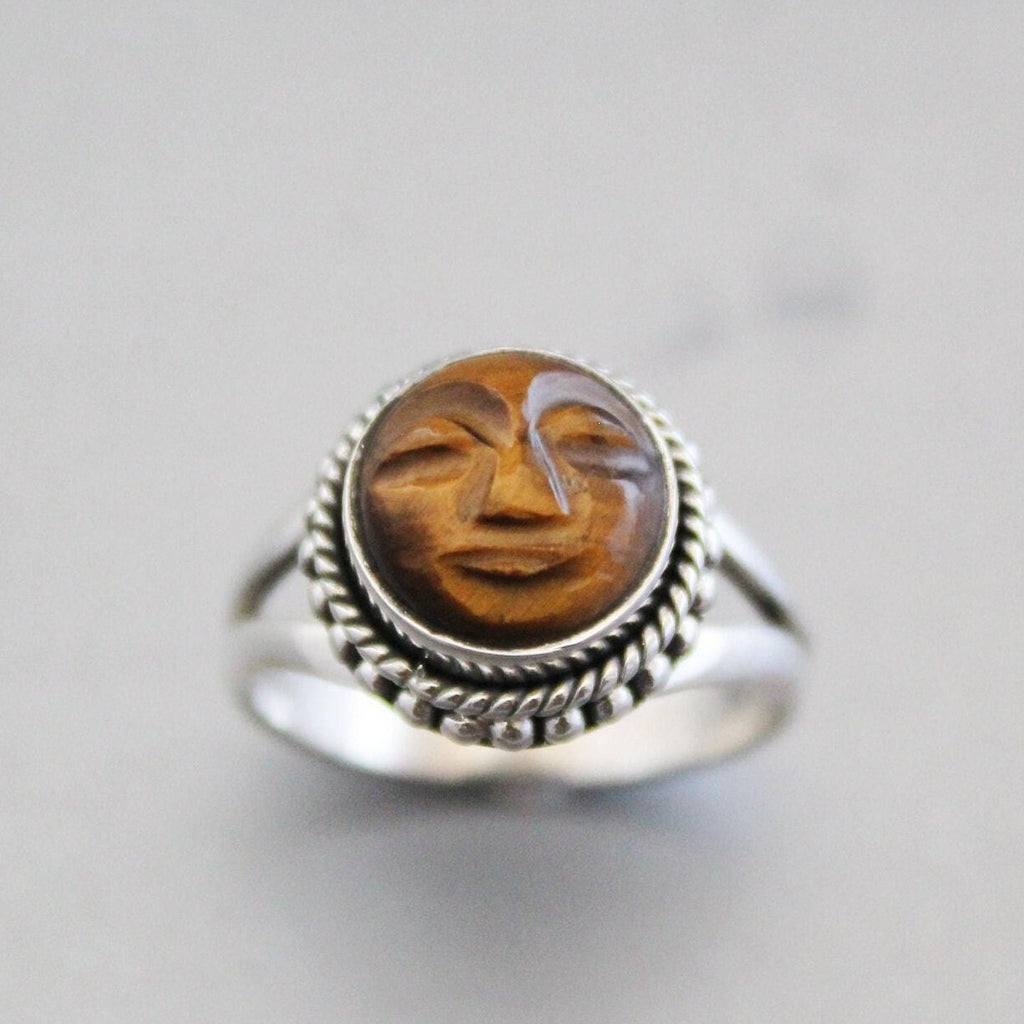 Tiger’s Eye Moon Face Ring, Sterling Silver Boho Statement Jewelry, Carved Gemstone, Celestial, Chunky Vintage, Signet Gemstone Ring