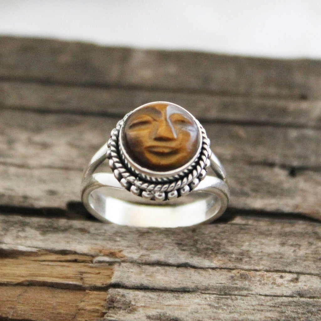 Tiger’s Eye Moon Face Ring, Sterling Silver Boho Statement Jewelry, Carved Gemstone, Celestial, Chunky Vintage, Signet Gemstone Ring