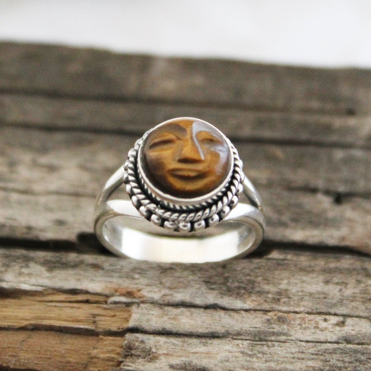 Tiger’s Eye Moon Face Ring, Sterling Silver Boho Statement Jewelry, Carved Gemstone, Celestial, Chunky Vintage, Signet Gemstone Ring
