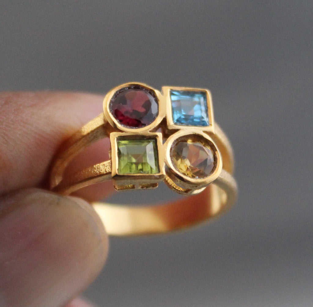 Dainty 18K Gold Multi-Stone Ring, Citrine Garnet Peridot Blue Topaz, Gift for Girlfriend, Gemstone Jewelry Gift for Women