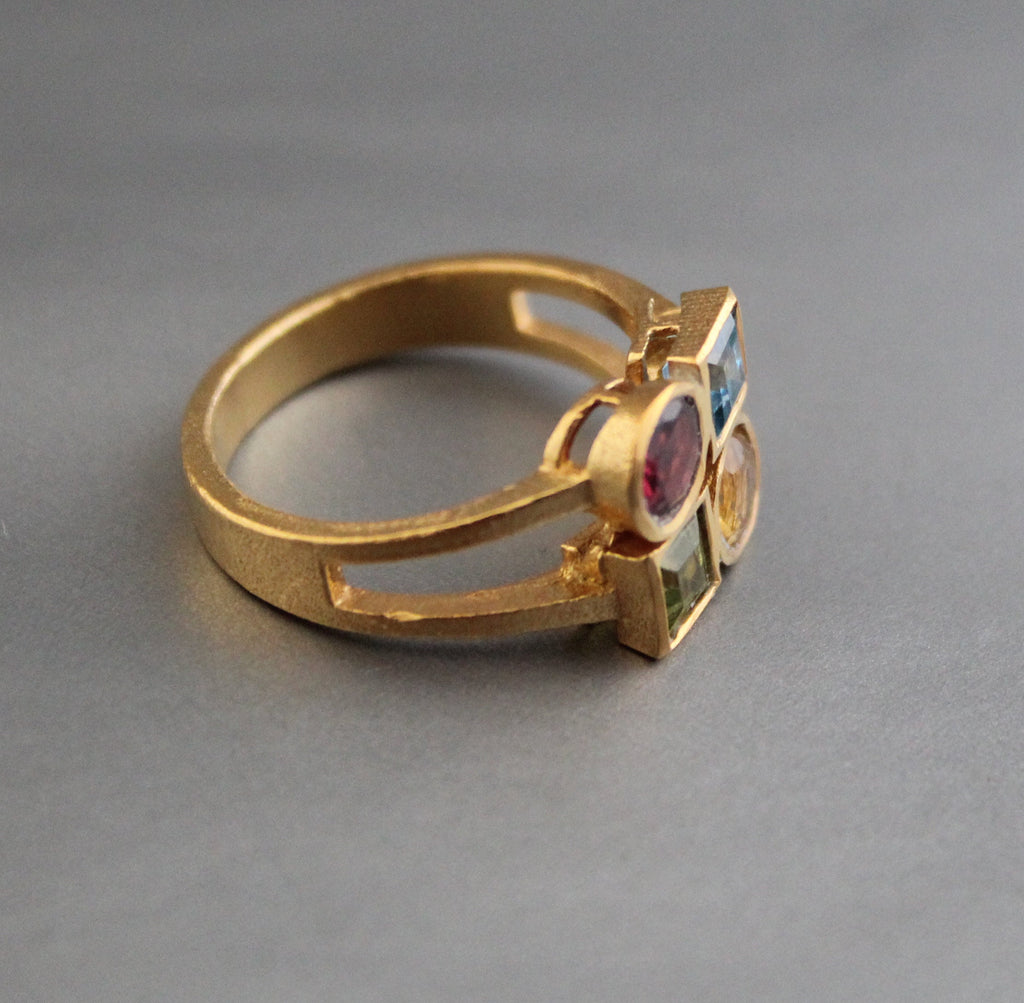 Dainty 18K Gold Multi-Stone Ring, Citrine Garnet Peridot Blue Topaz, Gift for Girlfriend, Gemstone Jewelry Gift for Women