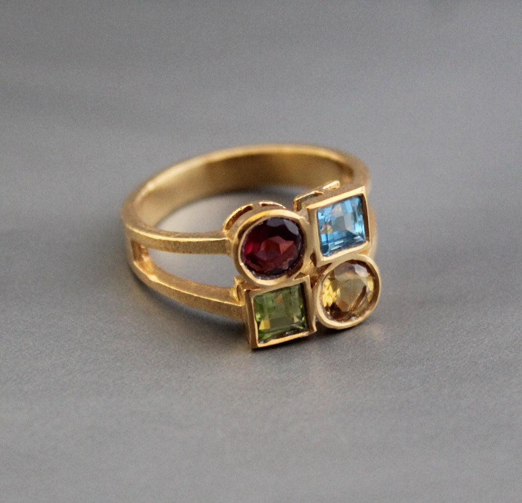 Dainty 18K Gold Multi-Stone Ring, Citrine Garnet Peridot Blue Topaz, Gift for Girlfriend, Gemstone Jewelry Gift for Women
