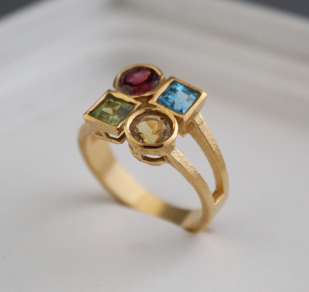 Dainty 18K Gold Multi-Stone Ring, Citrine Garnet Peridot Blue Topaz, Gift for Girlfriend, Gemstone Jewelry Gift for Women