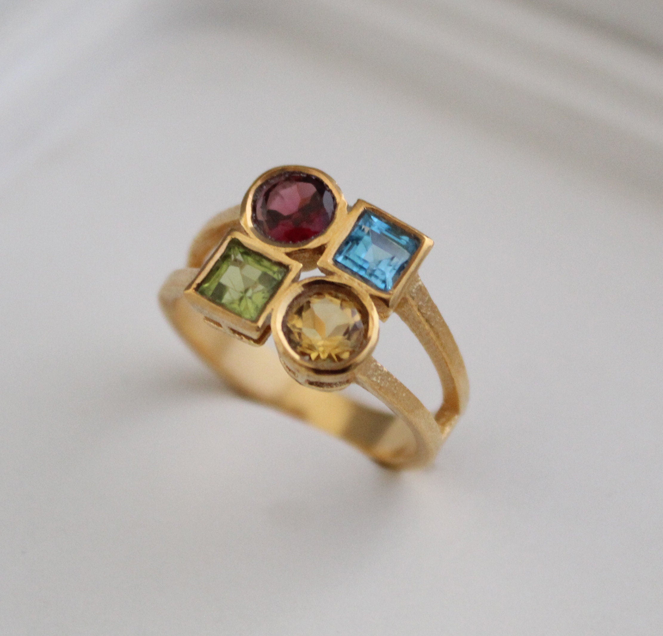 Dainty 18K Gold Multi-Stone Ring, Citrine Garnet Peridot Blue Topaz, Gift for Girlfriend, Gemstone Jewelry Gift for Women